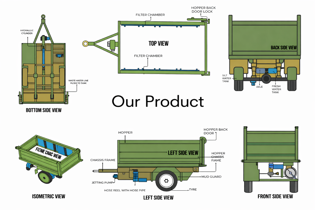 Vinayak Open Drain Silt Carrier (ODSC) — Technical Diagram showing top, bottom, left, front, back, and isometric views